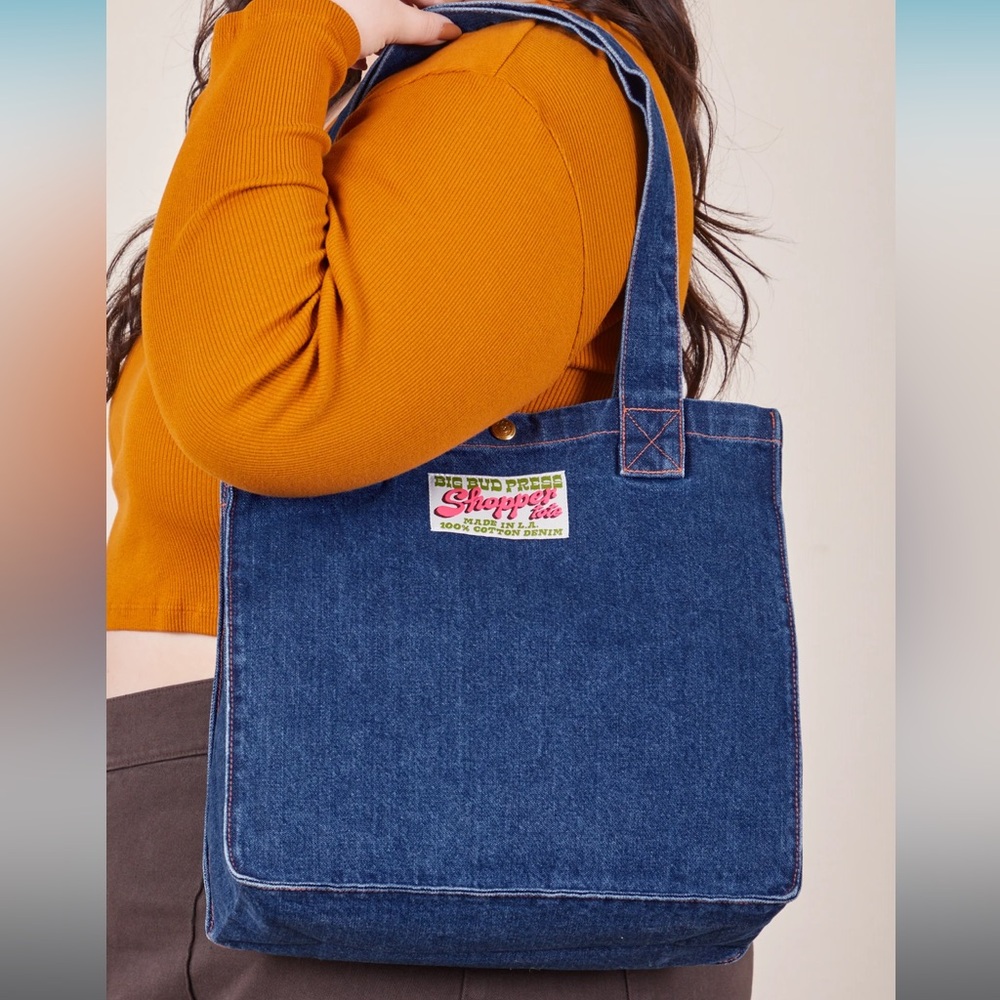 NWOT Big Bud Press Dark Wash Denim Shopper Tote Bag - Picture 6 of 8